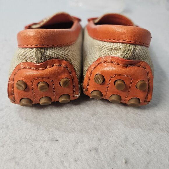 TORY BURCH Womens Driving Moccasins Sz 6 Orange Leather Canvas Loafers Tan - Picture 4 of 6
